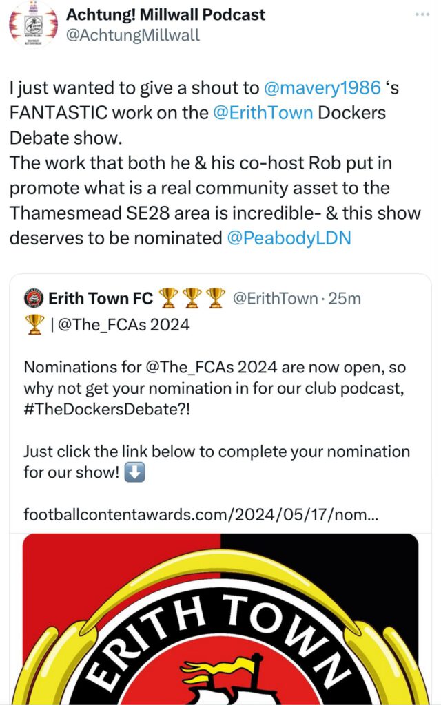 Shout out to The Dockers Debate Podcast from our hosts Achtung! Millwall